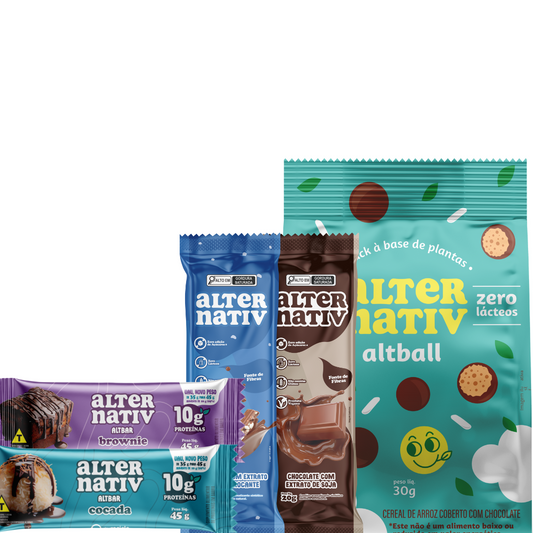 Combo TODAS alternativas de snacks - Barrinhas de proteína Cocada e Brownie (12 unid/cada) + Altball (12 unid) + Barras de chocolate vegana (10 unid/cada)