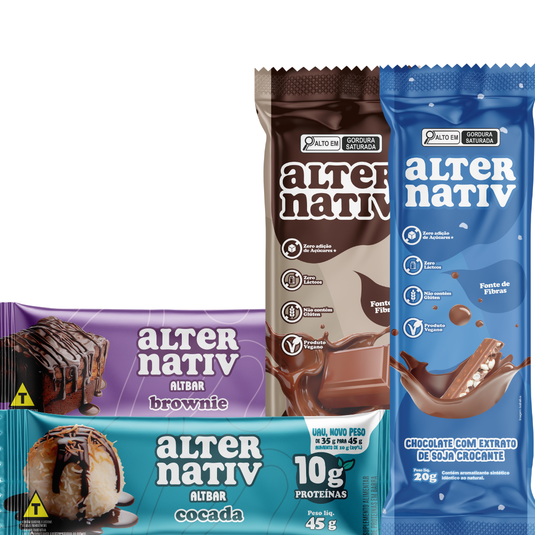 Combo alternativas de snacks - Barrinhas de proteína sabor Cocada e Brownie (12 unid/cada) + Barras de chocolate vegana (10 unid/cada)